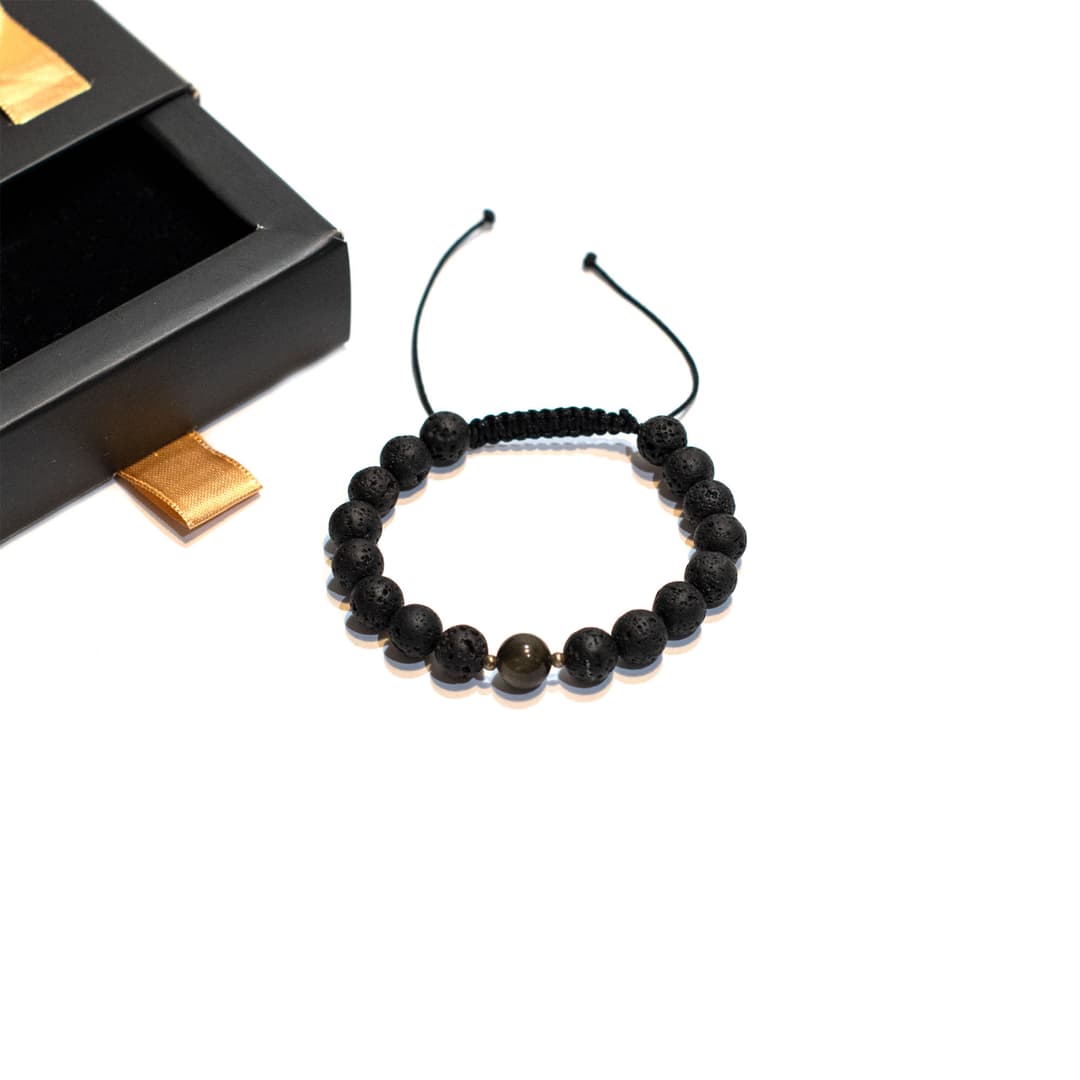 BRĂȚARĂ OBSIDIAN, LAVĂ NEAGRĂ ȘI ARGINT