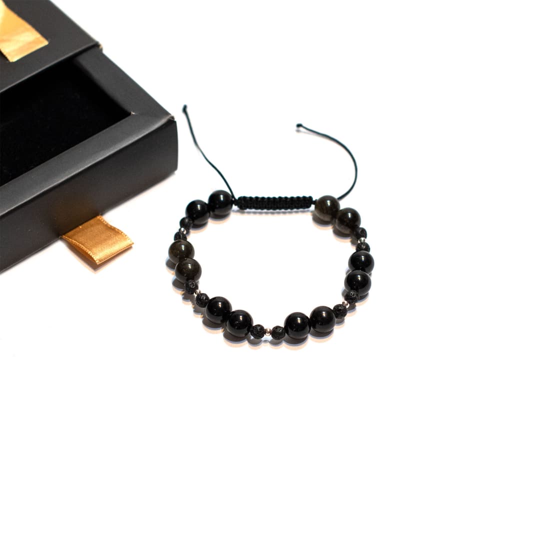 BRĂȚARĂ OBSIDIAN, LAVĂ NEAGRĂ ȘI ARGINT