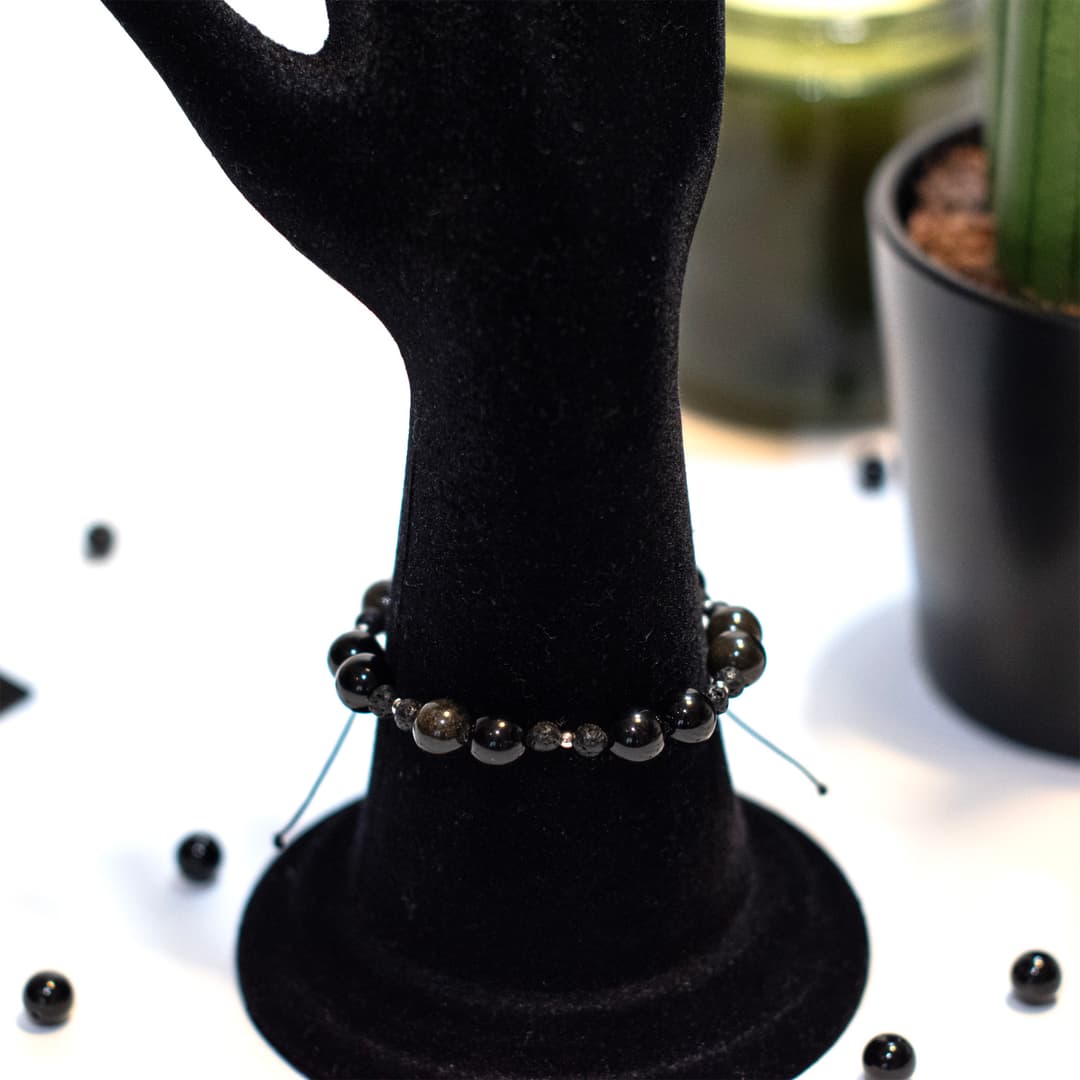 BRĂȚARĂ OBSIDIAN, LAVĂ NEAGRĂ ȘI ARGINT
